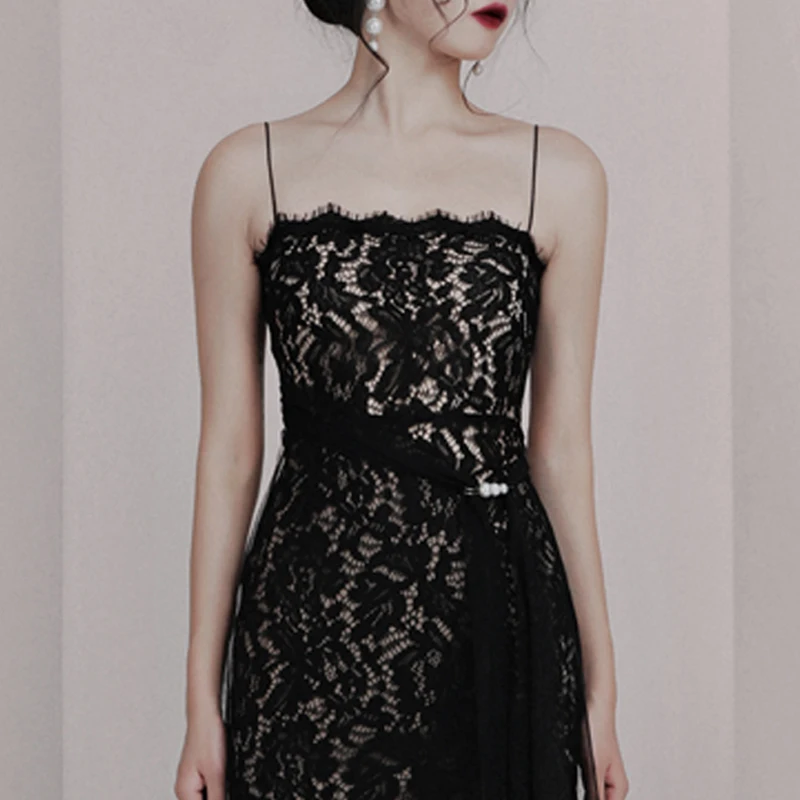Max Spri 2019 New Elegent Black Women Party Spaghetti Strap Backless Floral Lace Sashes Pearl Asymmetrical Hemline Midi Dress | Женская