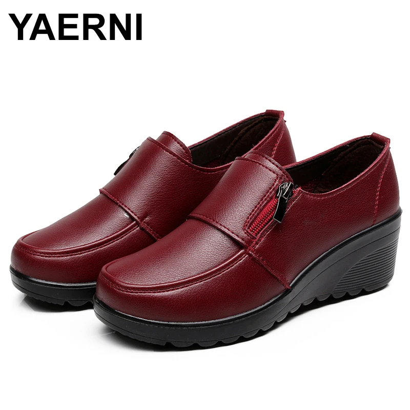 

YAERNI 2022Spring Autumn Women's fashion Pumps shoes woman genuine leather wedge single casual shoes mother high heels shoesE887