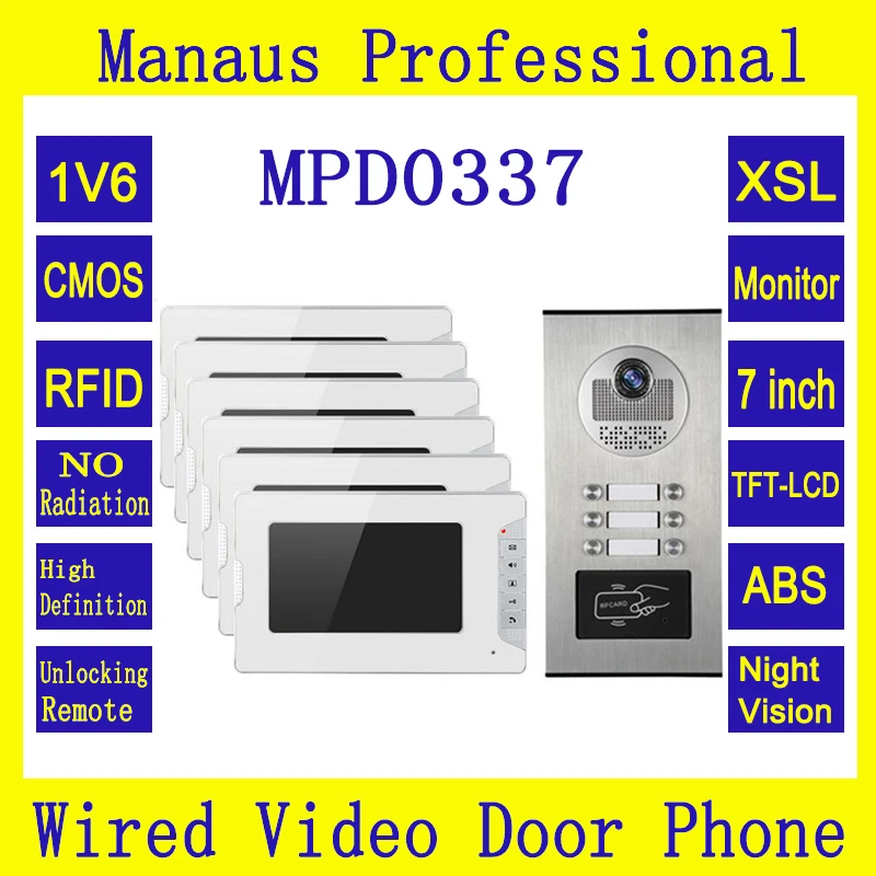 Hoge Kwaliteit Multi Appartementen Gebouw Intercom Systeem RFID Controle Video Deurtelefoon met Zes 7 inch Screen Indoor Monitor D0337