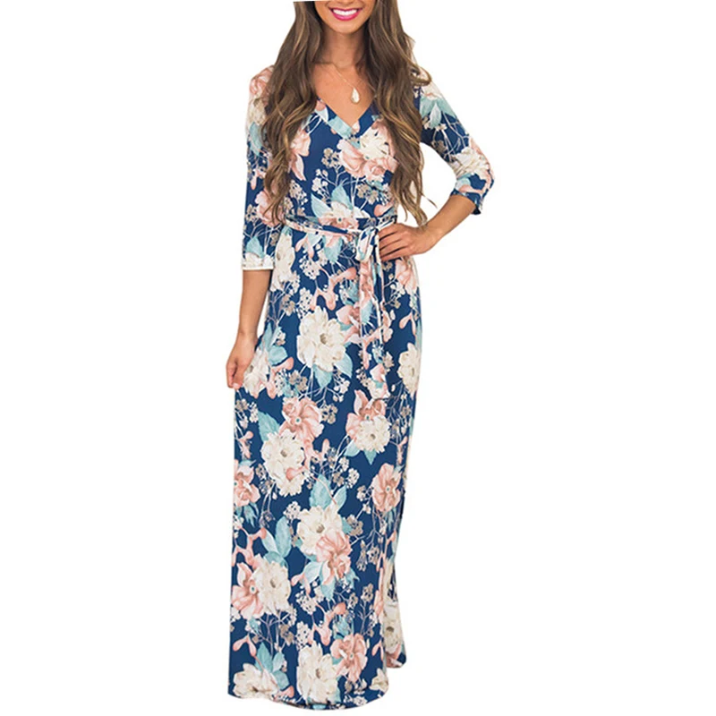 

2019 Summer Women Beach Long Sashes Dresses Blue Half Sleeve V-neck Elegant Ladies Maxi Dress Print Floral Vestidos Plus Size