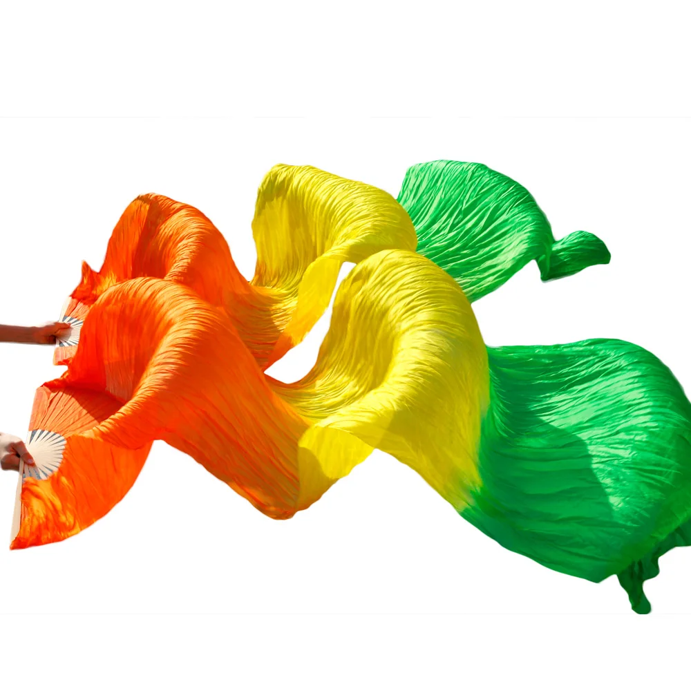 

Dance Fans 100% Silk Long Fans Belly Dance Accessories Silk Fans Handmade Dyed 1Pair Belly Dance Fans Orange+Yellow+Green 180x90