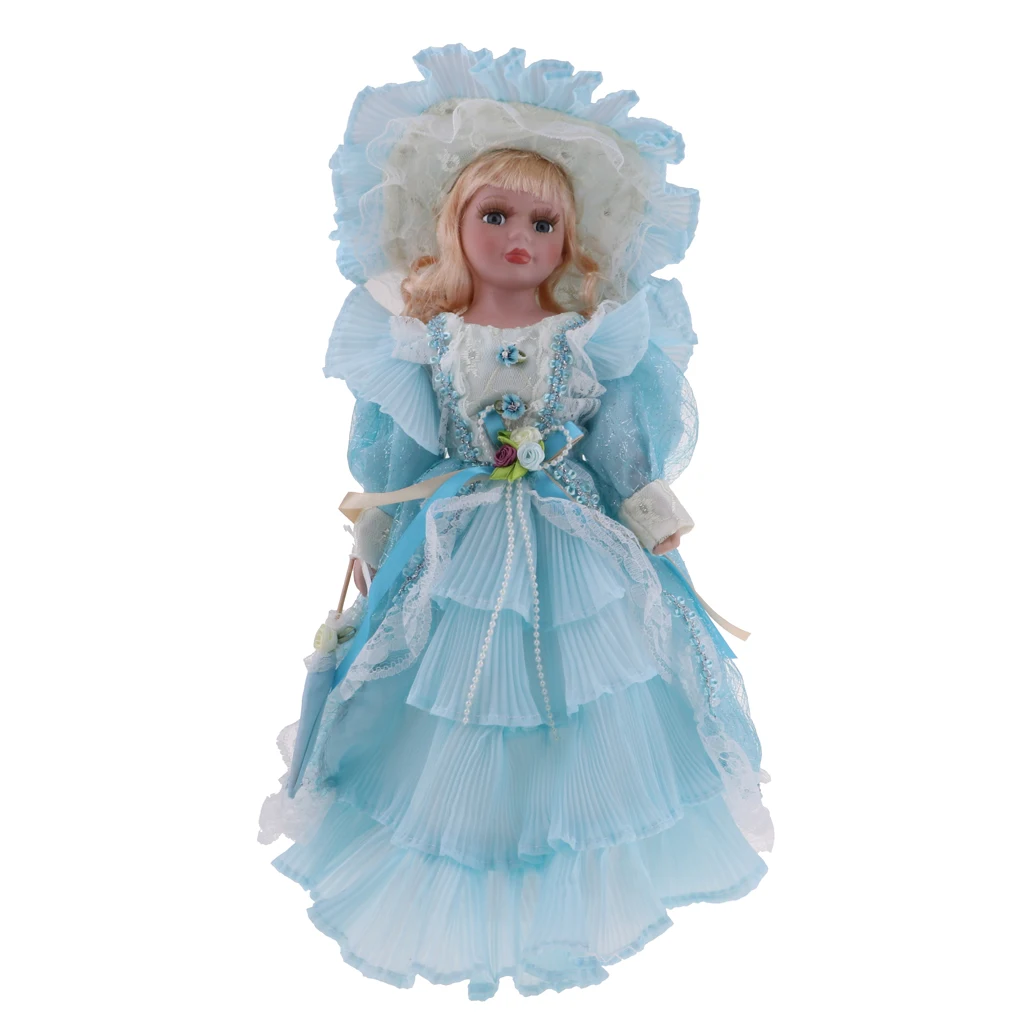 

MagiDeal 40cm Victorian Porcelain Girl Doll People Figure with Dress Light Blue Gift