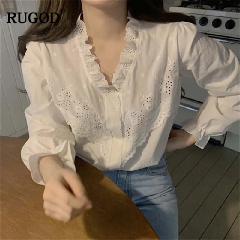 RUGOD/женские блузки с v-образным вырезом лоскутные вырезами кружевным краем белые