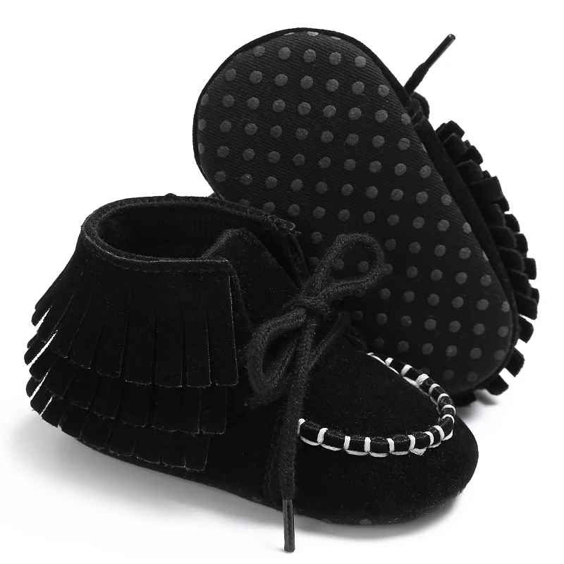Черный Детские одноцветные туфли для малышей, новорожденная девочка, мягкая подошва, обувь для кроватки с бахромой, противоскользящие, на шнуровке, для детей 0-18 месяцев - Цвет: Черный