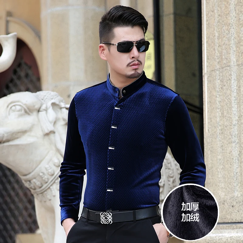 Мужская рубашка с воротником мандарин теплая Вельветовая длинным рукавом Осень