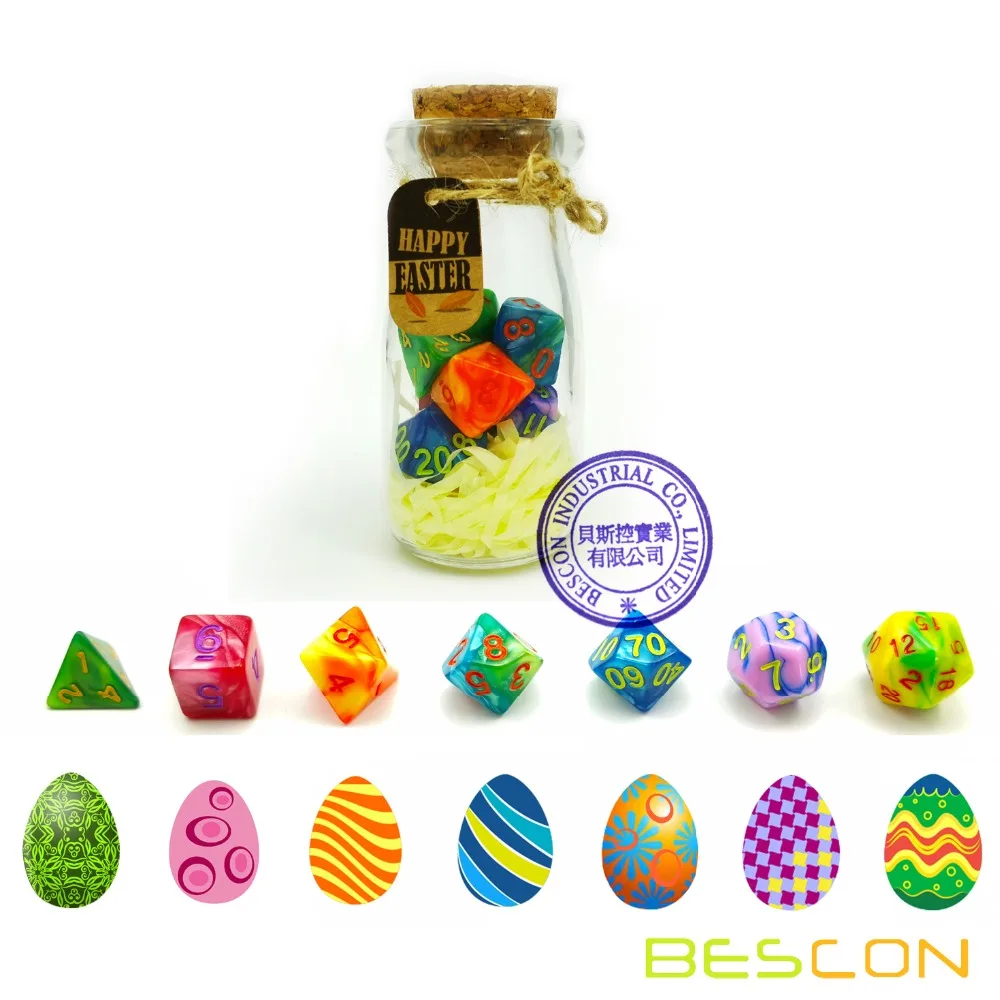 Пасхальные кости Bescon многогранные 7 шт. набор для ролевых игр в стеклянной банке