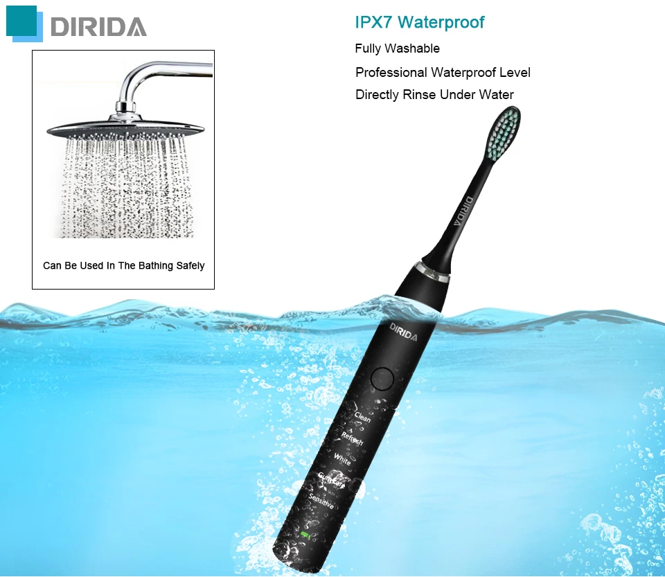 DIRIDA S-100 перезаряжаемая звуковая зубная щетка usb зарядка электрическая зубная щетка Sonicare IPX7 Водонепроницаемая ультра звуковая Глубокая чистка зубов