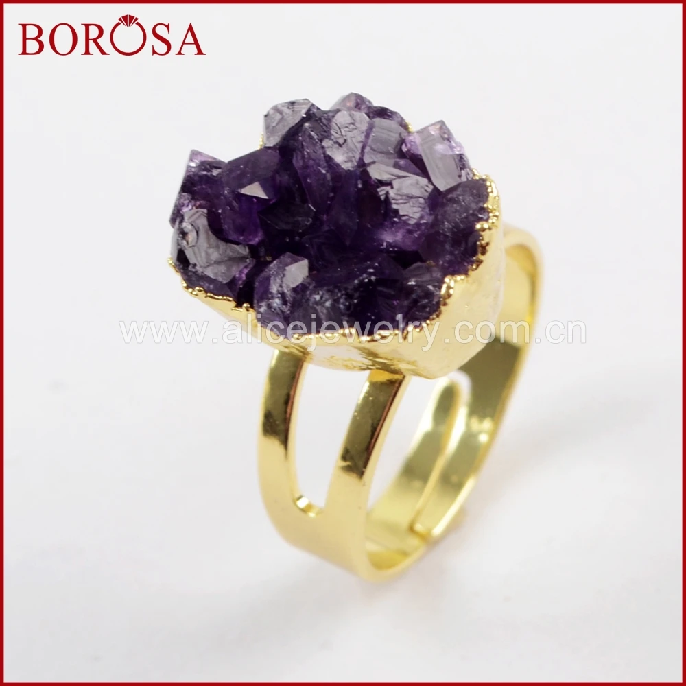 

BOROSA 5PCS Freedom Raw Amethysts Gold Adjustable Rings,Size 6.5 Natural Crystal Druzy Ring Jewelry for Women Girls WX1019