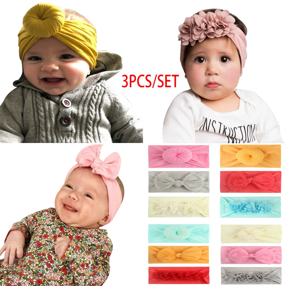 

3pcs/lot aby Bow Nylon Headband For Girls Spring 2020 Kids Soft Elastic Round Head Wrap Newborn Bow Hairband Hair Accessories