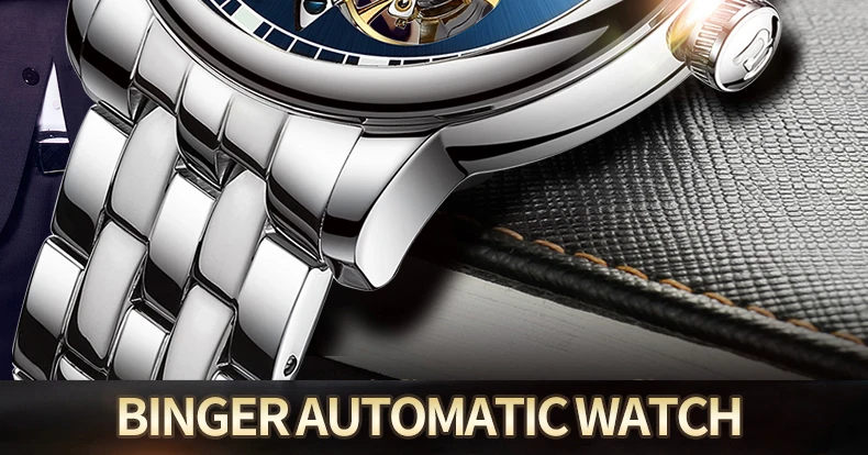 Double tourbillon Luxury Men watch Automatic mechanical Watch BINGER Famous Brand Watch Gold Case Blue Dial Double relogio