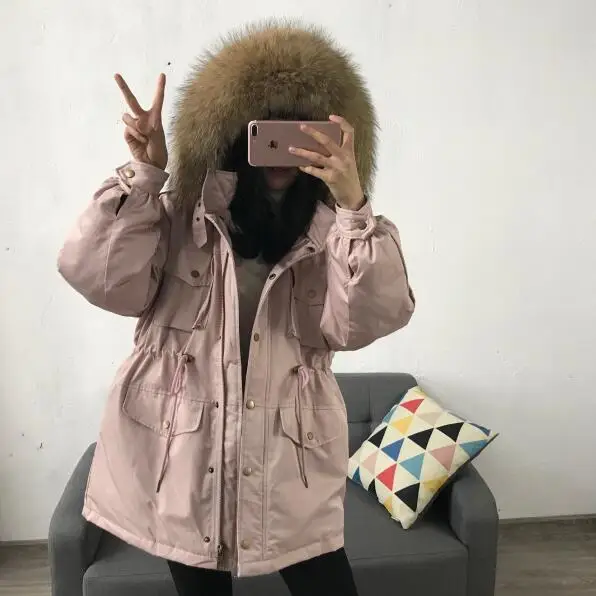 pink jacket Большой воротник из натурального меха с капюшоном зимняя куртка-пуховик на белом утином пуху женское длинное пальто теплые парки Толстая Женская верхняя одежда розовый хаки - Цвет: pink jacket
