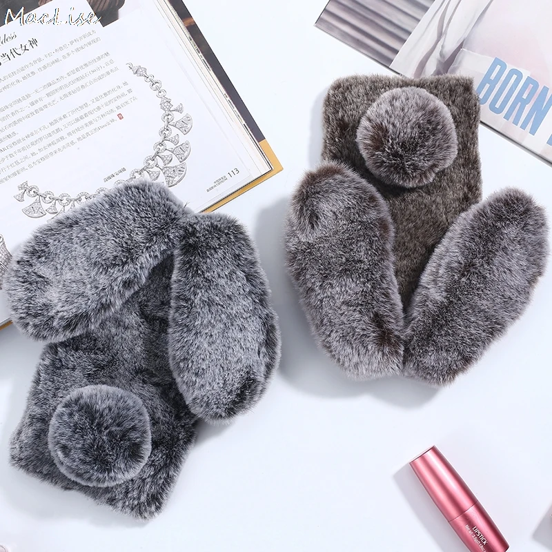 For iPhone 11 12 pro phone case 3D Cute Rabbit Hairy Warm Fur Cover for 6s 7 8plus XR Xs MAX Bling Rhinestone Plush Bunny Girls | Мобильные