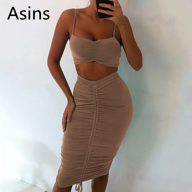 

Комплект из двух предметов Asins для женщин, Новинка лета 2019, Лидер продаж, повседневный Модный облегающий комплект из двух предметов с плисси...