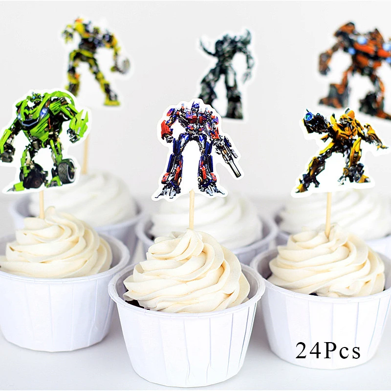 Cupcake Topper x 24 Transformation Bumblebee Optimus Prime Theme Party Decorations Paper Cup Plate Baby Shower Balloons Kids Birthday Party Supplies - Цвет: Cupcake Topper x 24