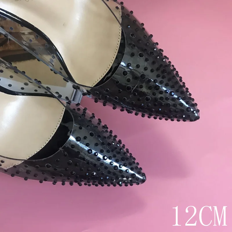 Black 12cm Туфли с красным верхом на высоком каблуке цвета: золотистый, серебристый с украшением в виде кристаллов; Цвет Стразы прозрачные свадебные туфли невесты; прозрачные женские вечерние Высота каблука 10 см или 12 см - Цвет: Black 12cm