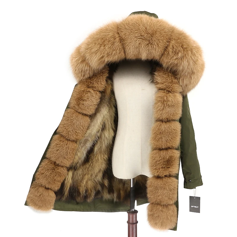 green natural camel Брендовое пальто с натуральным мехом, водонепроницаемая парка, натуральный Лисий мех, капюшон, зимняя куртка для женщин, съемная верхняя одежда, уличная одежда, роскошная теплая - Цвет: green natural camel
