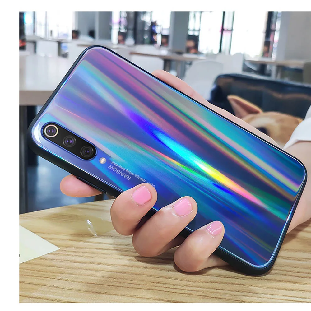 Laser Tempered Glass Case for Xiaomi Mi 8 9 Gradient Colorful Soft Silicone Anti-knock Cover For Redmi Note 7 | Мобильные телефоны