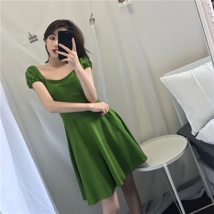 Женское винтажное платье ulzzang зеленое с воротником-лодочкой корейская мода