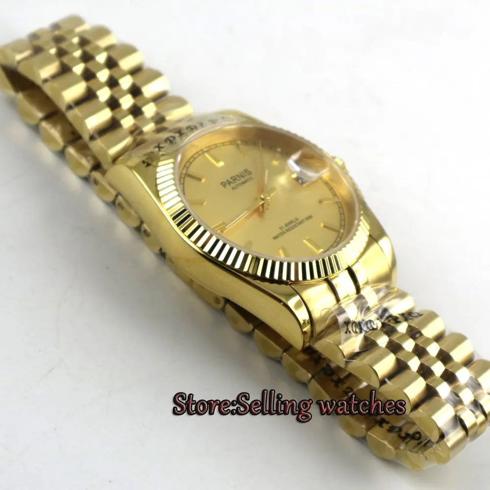Роскошные 36 мм Parnis желтое золото циферблат Datejust Miyota 8215 автоматические мужские часы
