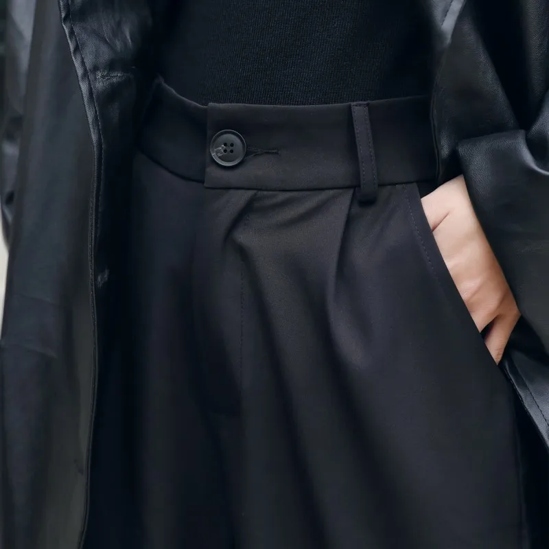 

2019 Chic Black Straight Wide Leg Cuffs Women Pants Korean Style Panelled Splied High Waist Casual Female Trousers High Fashion