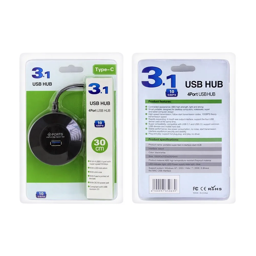 

4 Ports USB HUB 3.0 Mini USB C Hub High Speed 5Gbps Type C Hub With DC 5V Splitter For PC Led light Computer Accessories Tablet
