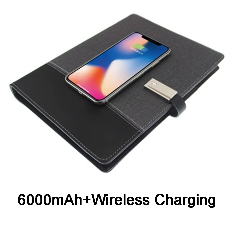 Мобильная мощность ноутбук Многофункциональный 8000mAh Мобильная мощность Qi Беспроводная зарядка ноутбук Биндер дневник на спирали 16GB