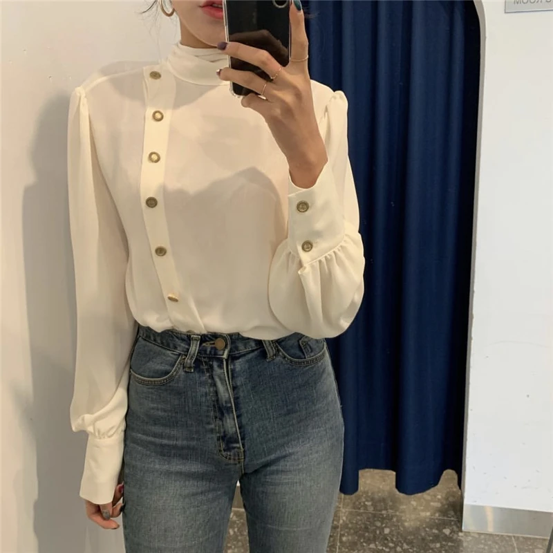 SHENGPALAE New Spring Spring Korea Style Full Lantern Sleeve Stand Collar With Button Chiffon Single Breasted Women Shirt FR397