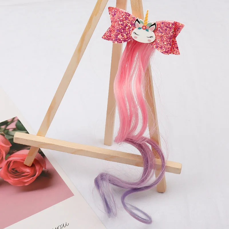 1 Cheer Bow 3" Glitter Hairbow Girls Kids Children Hairclip With Cartoon Unicorn Long Wig Baby Lovely Hairgrip Hair Accessories - Цвет: 1