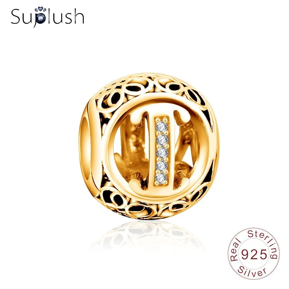 Suplush 925 пробы серебряные амулеты Алфавит A-Z золотые буквы амулет Бусины Подходят бренд амулет подарочные браслеты и ювелирные изделия