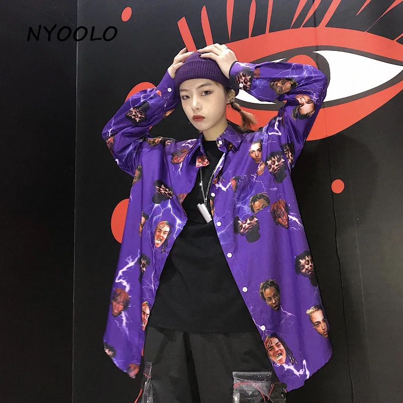 NYOOLO Harajuku стиль уличная пародия Европа Аватар молния печати рубашка свободная с длинным рукавом рубашка Женская/мужская одежда топы