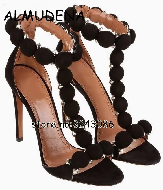 

T-strap Studs Open Toe Woman High Heels Rome Style Ankle Wrap Stiletto Party Dress Pumps Pink Black White Sandals