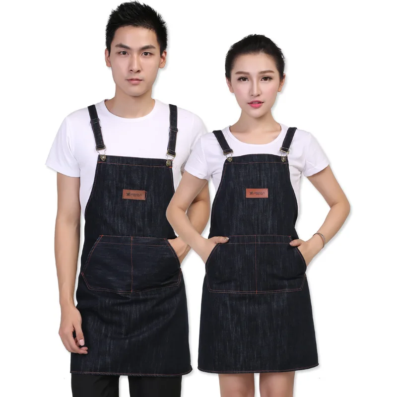 

Hot Denim Bib Apron for women Barber Barista Florist Cafe Bar Chef Uniform Tattoo Shop Craft-men Home BBQ Workwear Cooking