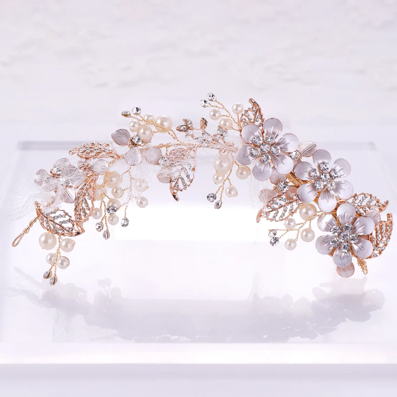 

Gold Color Flower Pearl Hairbands Wedding Rhinestone Hair Jewelry Accessories Bridal Women Head Decoration Ornament