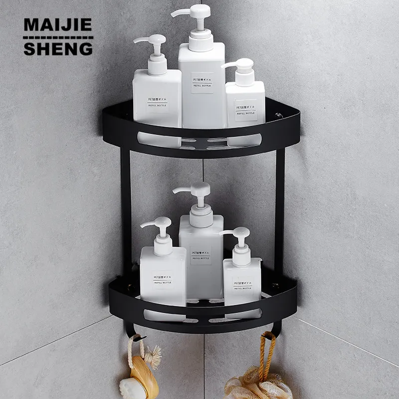 

Maijiesheng Pure black Bathroom shelf black double layer bathroom corner shelf bathroom holder showe room bathroom accessories