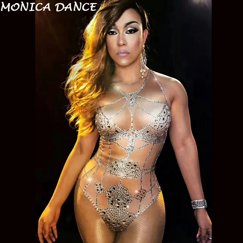 Stage Nude Crystals Bodysuit Summer Sexy Bling Costume Rhinestones One-piece Outfit Performance Nightclub Show Party Dance Wear