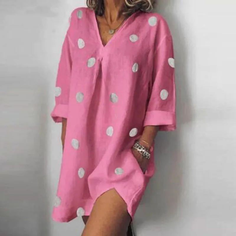 pink Fanbety 5XL женское Повседневное платье с рукавом 3/4 в горошек Элегантное летнее сексуальное Свободное платье с v-образным вырезом в стиле бохо женское пляжное мини платье размера плюс - Цвет: pink
