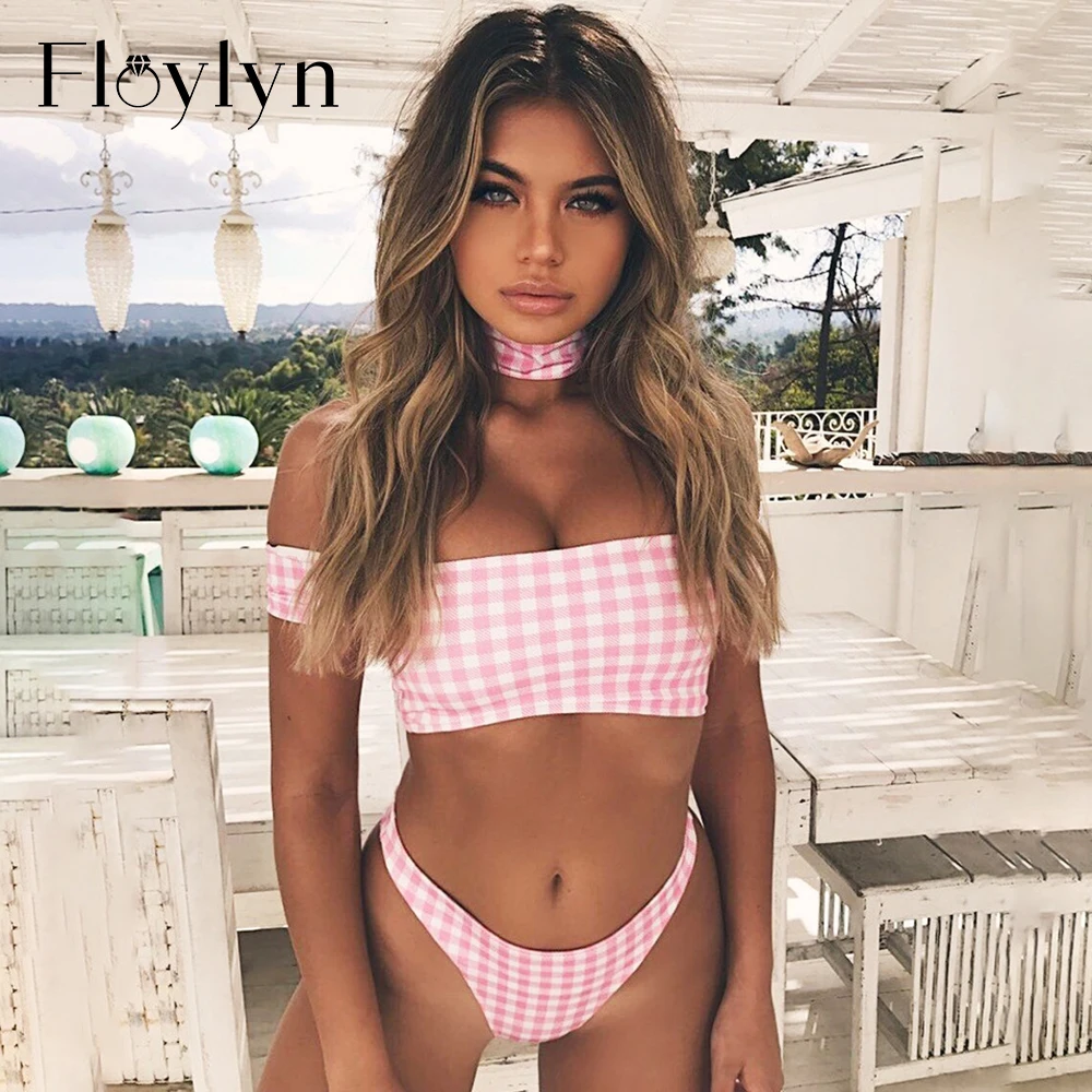 Купальник Floylyn 2018 бандо в клеточку бикини с открытыми плечами купальник высоким