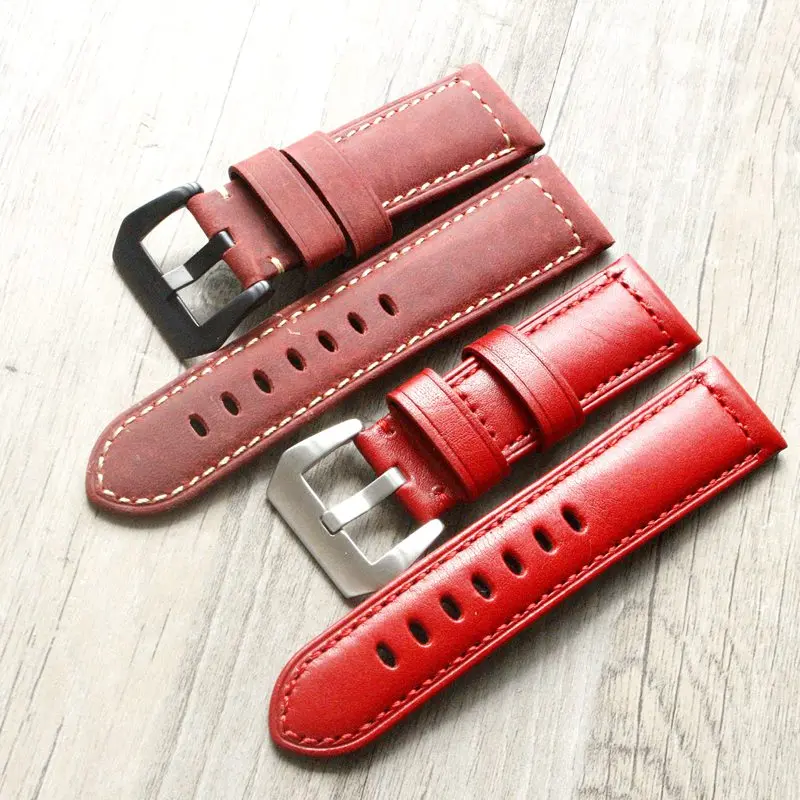 24mm Watchbands Retro Red Genuine Leather Watch band Strap watch accessories bracelet stainless steel buckle for Panerai | Наручные часы