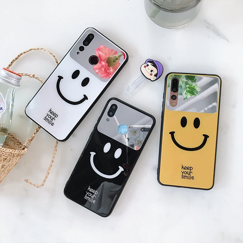 Роскошный зеркальный чехол для huawei P20 P30 Pro закаленное стекло смайлик крышка