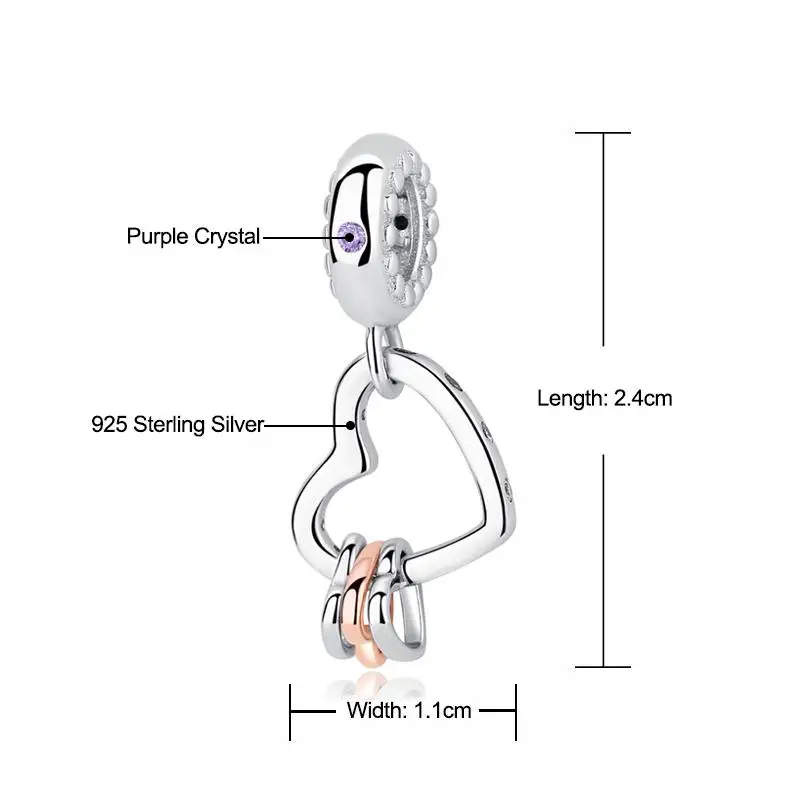 NBSAMENG 100% 925 Sterling Silver Bead Heart Highlights Dangle Charm Lilac Crystal Beads Fit Bracelets Women DIY Jewelry | Украшения и