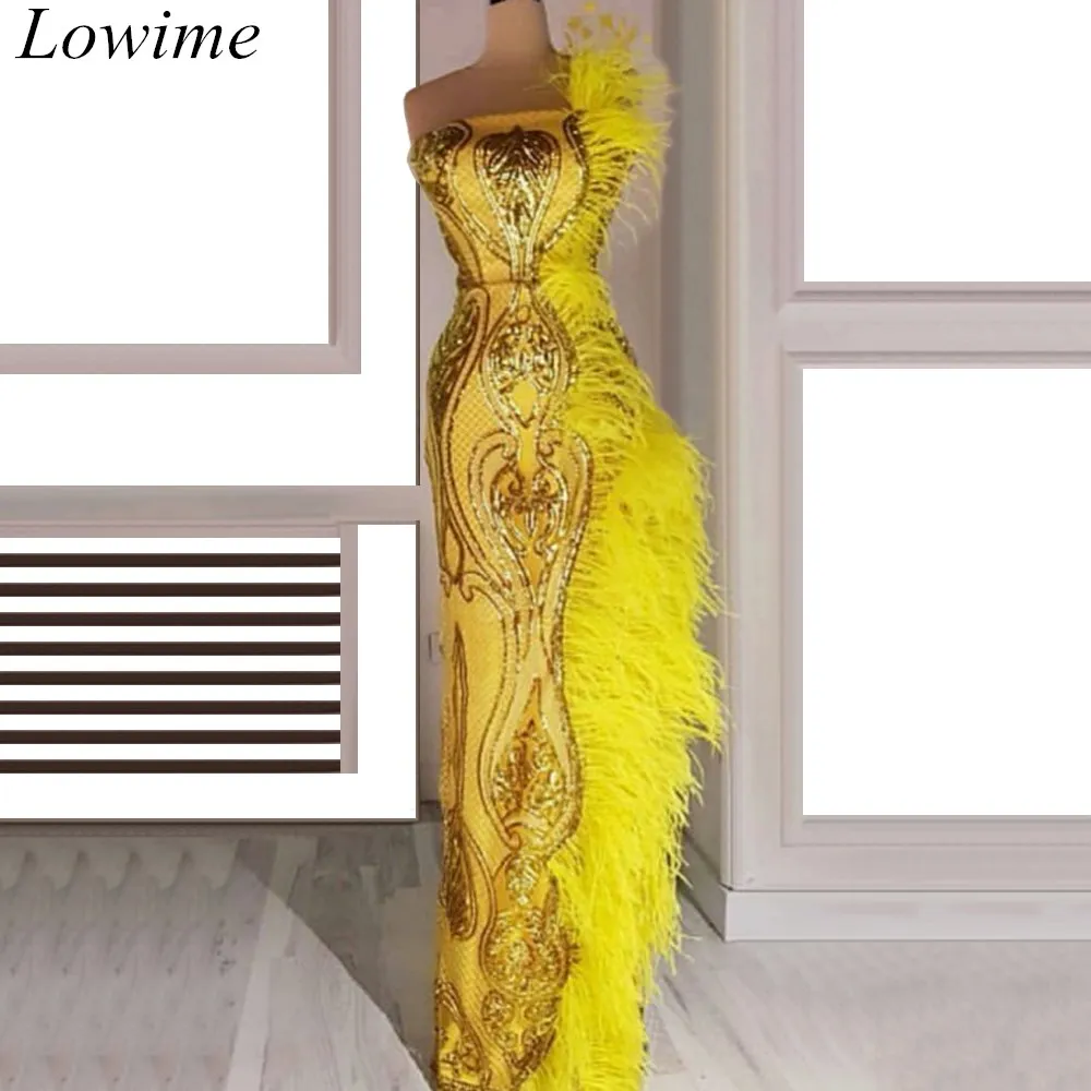 

High Fashion Gold Dubai Prom Dresses 2019 Long Mermaid Feathers Sequin Evening Party Gowns Strapless Sexy Robe De Soiree Custom