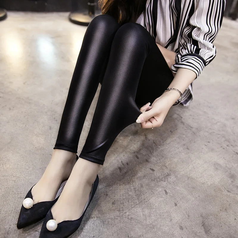 

Women Sexy Faux Leather Slim Fitness Fashion Trousers Elastic Mid Waist Pencil Pants Thin Black Stretchy Push Up Leggings