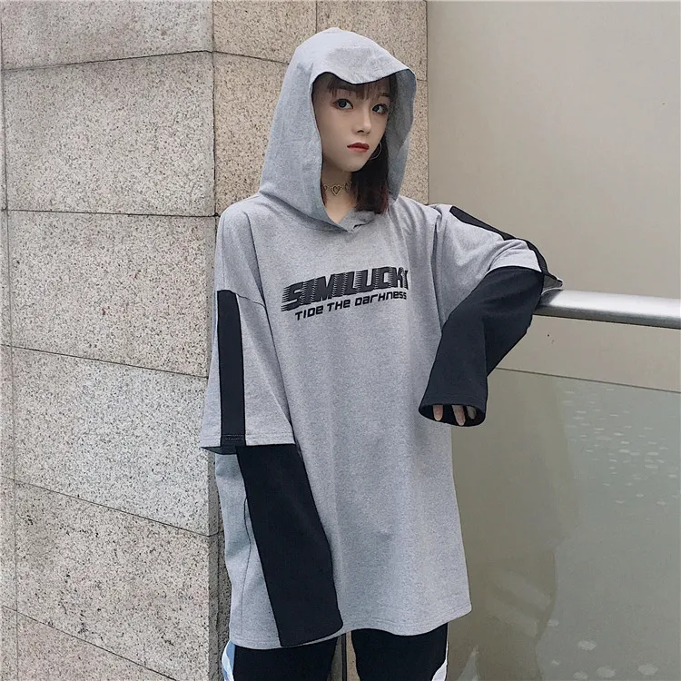 Осенняя модная футболка Женские футболки корейские Ulzzang Harajuku с принтом поддельные 2 шт с длинным рукавом Лоскутная футболка Женские топы