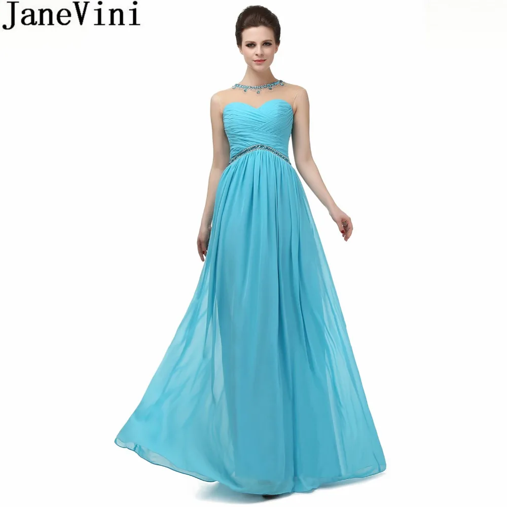 

JaneVini 2018 Blue Long Bridesmaids Dresses Plus Size Crystal Beaded Illusion Women Party Gowns Chiffon Formal Dress Damigelle