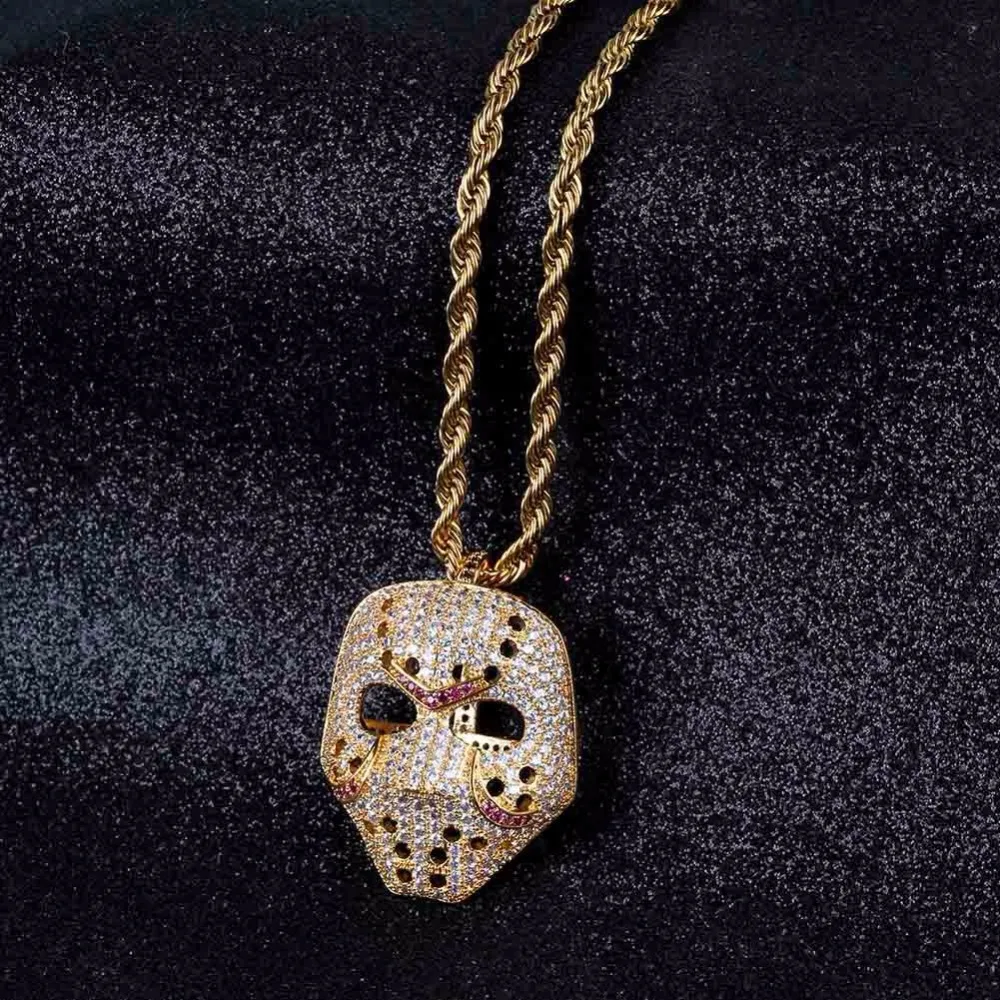 

Men's Hip Hop Jewelry AAA+ CZ Stone 24 Gold Filled Copper Bling Ice Out Mask Pendants with 24inch Twist Chain Necklace