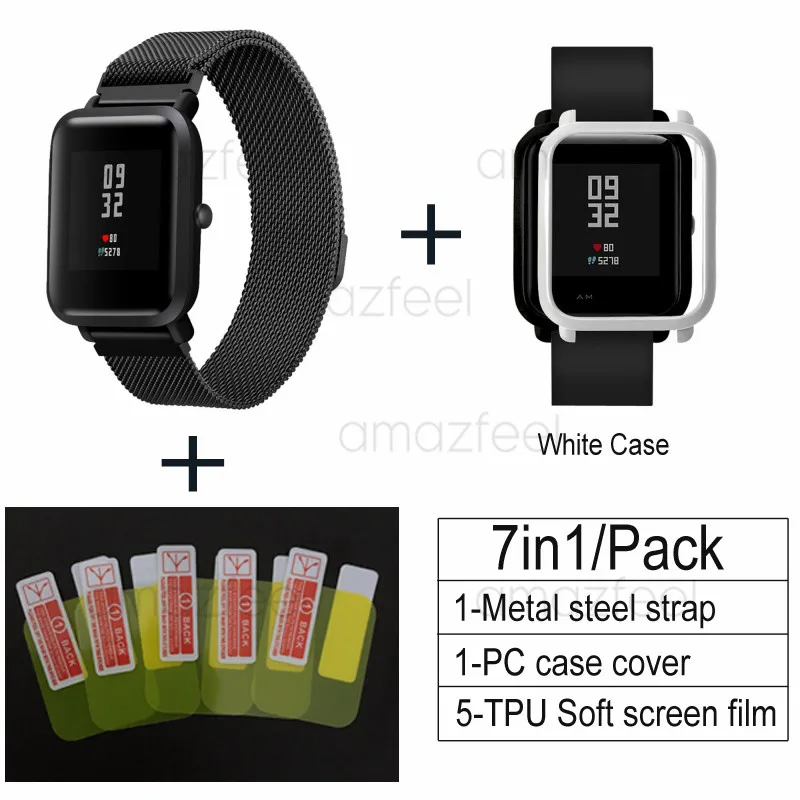 black-white 7в1 ремешок для часов Huami Amazfit ремешок Bip из нержавеющей стали магнитный браслет для Amazfit Bip Lite чехол протектор Аксессуары - Цвет: black-white
