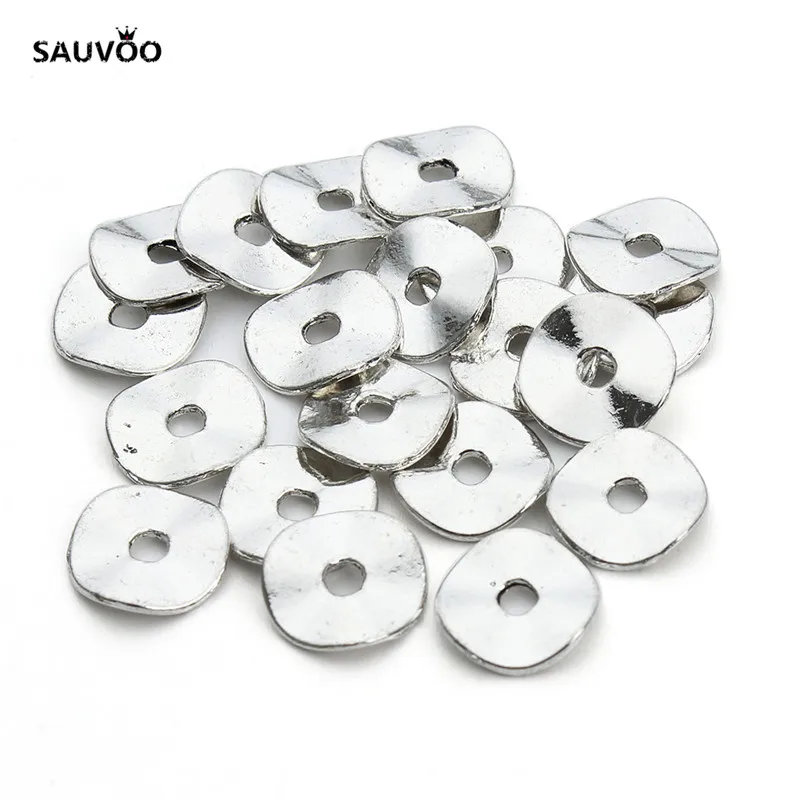 spacer beads Sauvoo, 100 шт, античный серебряный цвет, круглые плоские металлические круглые бусины, 10 мм, для рукоделия, женских ювелирных изделий, F411 - Цвет: spacer beads