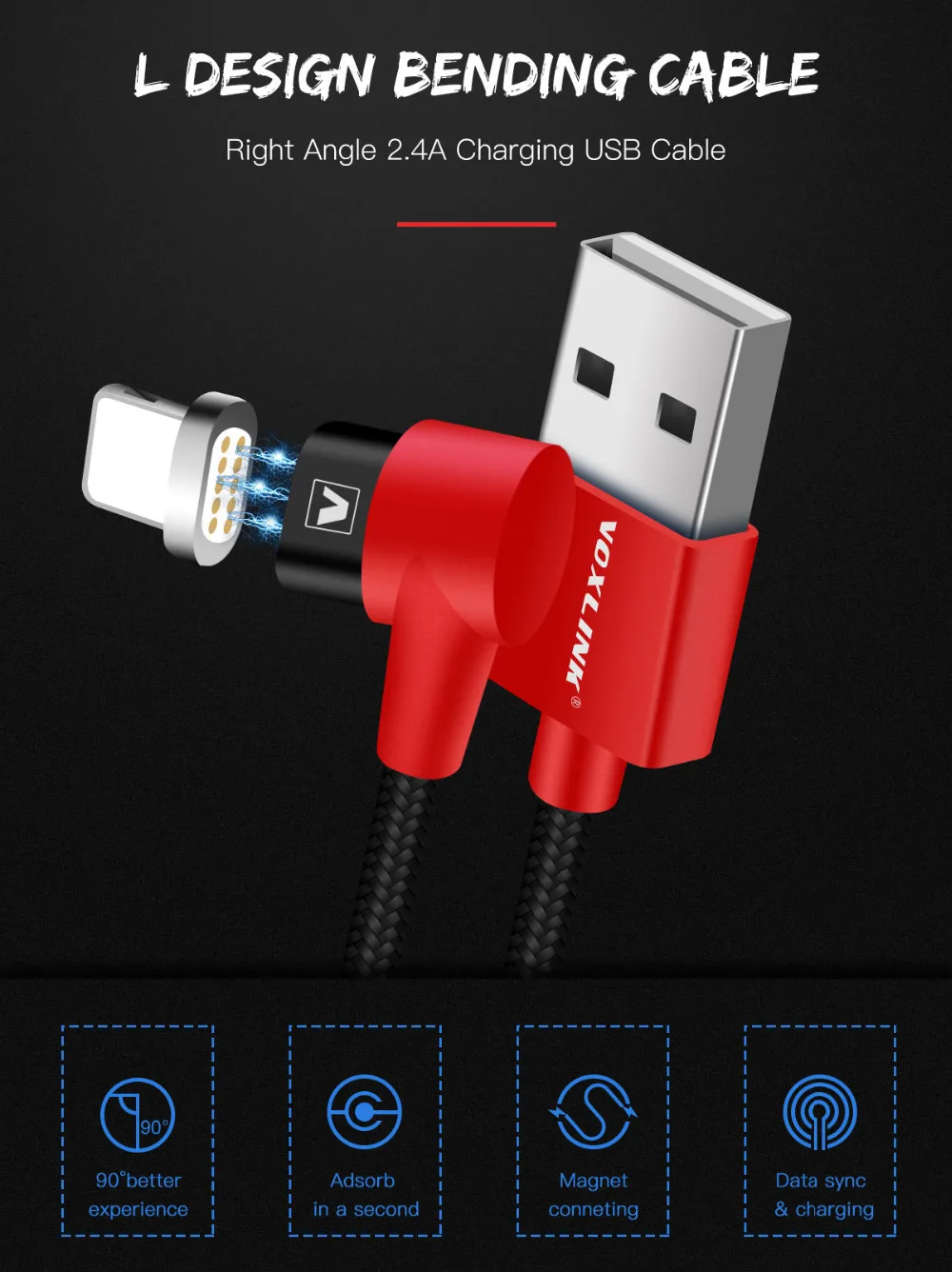 Магнитный usb-кабель VOXLINK 90 градусов зарядный кабель для iPhone X 8 plus 7 6 6s Plus 5 5S SE iPad