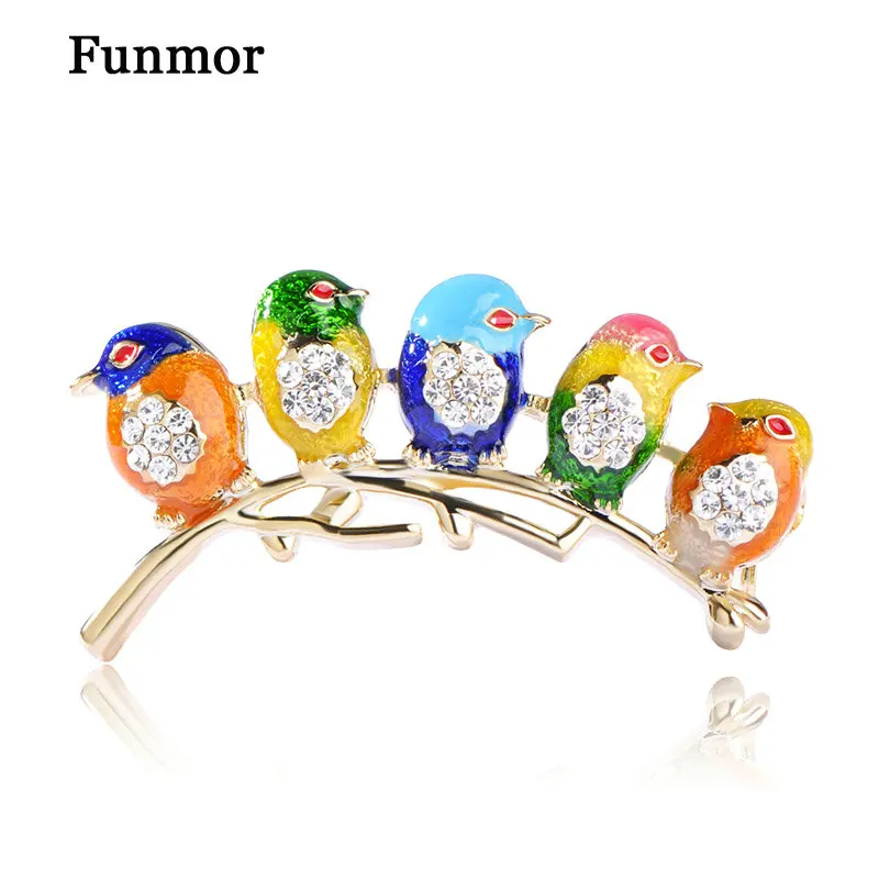 Яркая эмалированная брошь в виде пяти птиц с кристаллами|animal brooch|bird broochdecorative brooch |