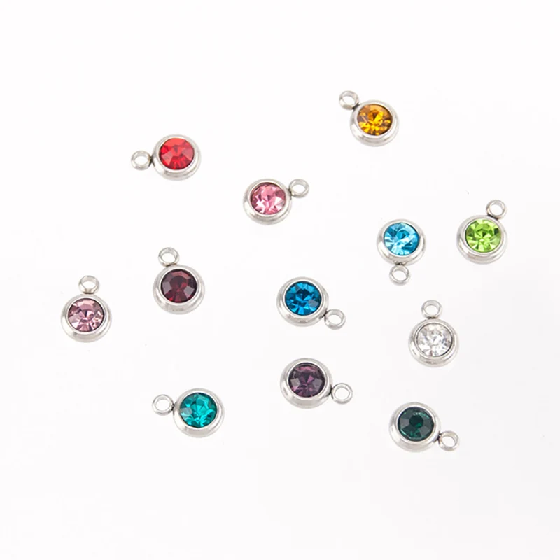 

6mm Stainless Steel Birthstone Charms 12 Colorful Crystal Charm Naissance Geboortesten For DIY Jewelry Making Wholesale 60pcs